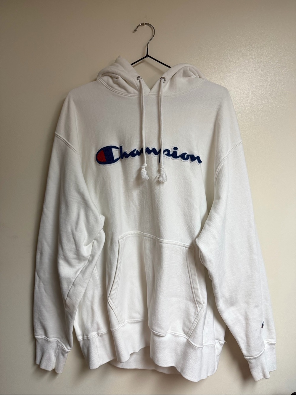 Champion Men’s White Hoodie with Blue & Red Script